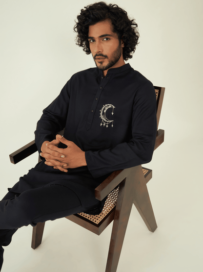 Black Silk Rayon Kurta Set at Kamakhyaa by RoohbyRidhimaa. This item is Black, Festive Wear, Kurta Pant Sets, Men Kurta Pant Sets, Menswear By RoohbyRidhimaa, Qala By RoohbyRidhimaa, Rayon, Regular Fit, Silk Rayon, Solids