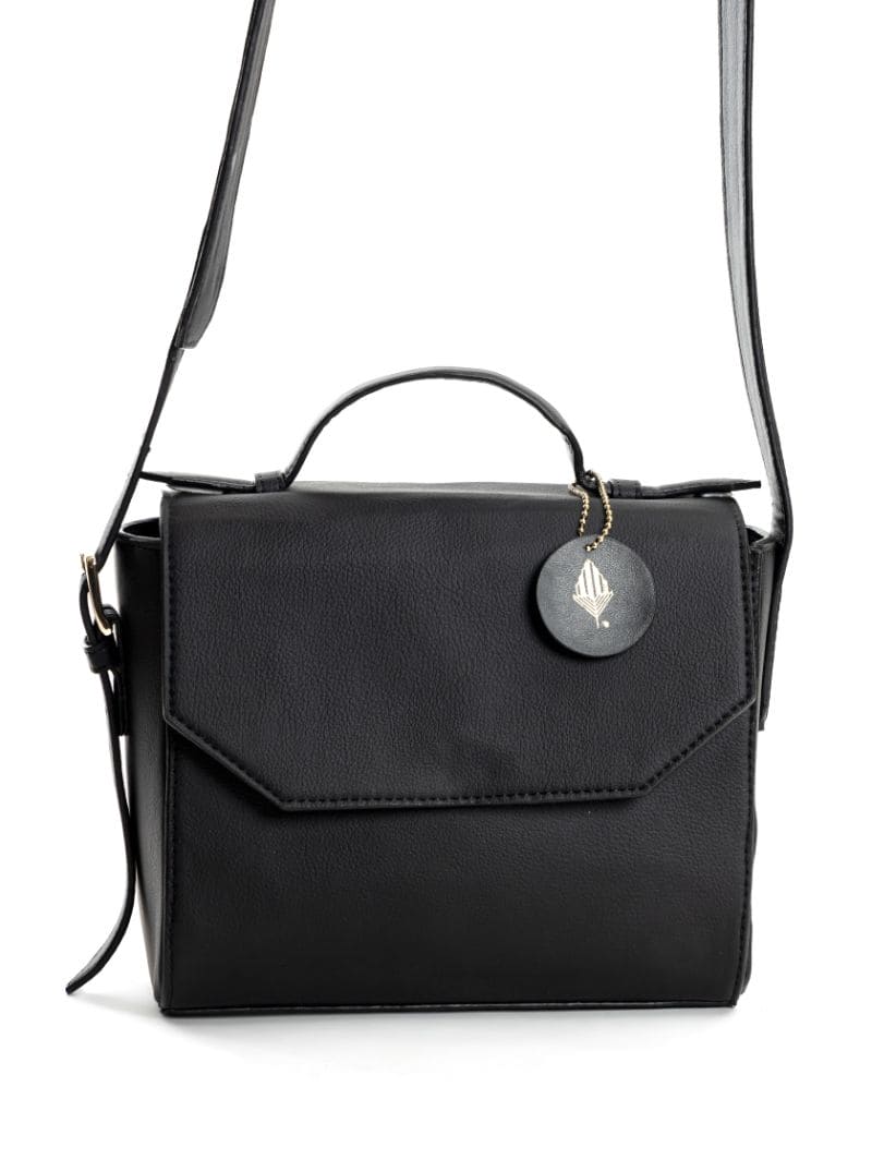 Black Solid Crossbody Bag at Kamakhyaa by Green Hermitage. This item is Apple Leather, Black, Crossbody Bags, Evening Wear, Free Size, Hemp, Lyocell, Recycled, Solids