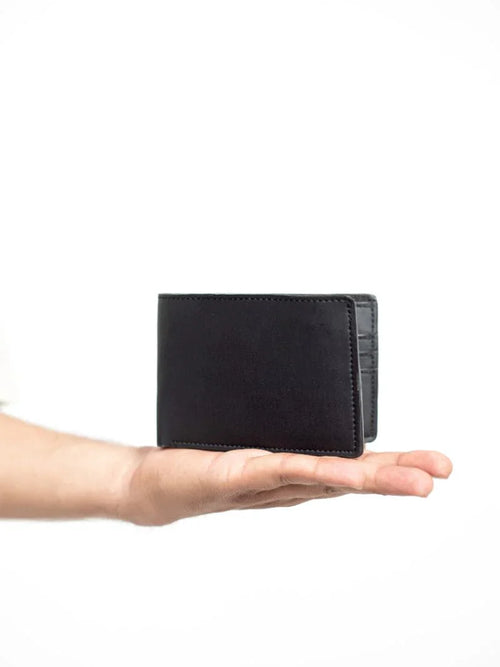 Black Solid Men Wallet at Kamakhyaa by Green Hermitage. This item is Apple Leather, Black, Casual Wear, Free Size, Hemp, Lyocell, Men Wallets, Recycled, Solids