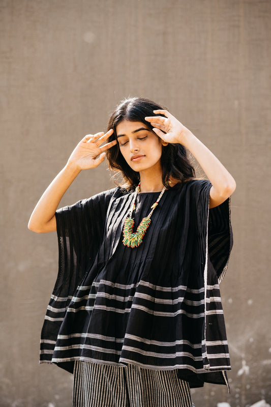 Black Striped Casual Wear Kaftan at Kamakhyaa by Araayeh. This item is Artisan Made, Black, Casual Wear, Cotton Mul, Kaftan Dresses, Relaxed Fit, Solids