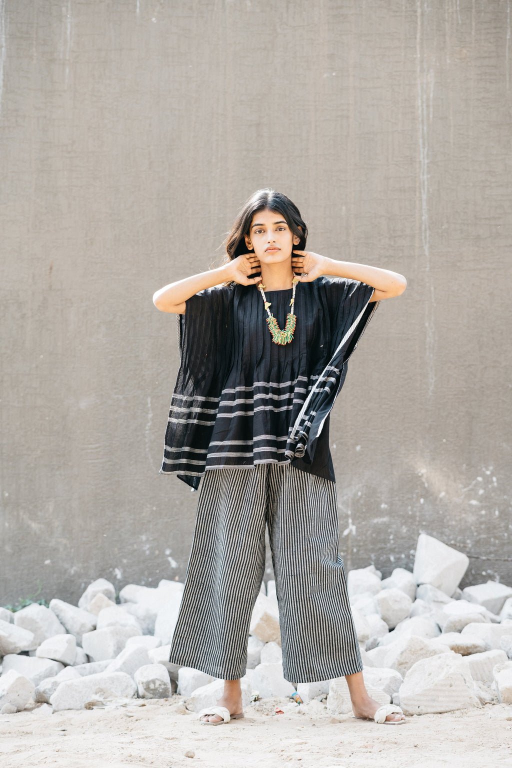 Black Striped Casual Wear Kaftan at Kamakhyaa by Araayeh. This item is Artisan Made, Black, Casual Wear, Cotton Mul, Kaftan Dresses, Relaxed Fit, Solids