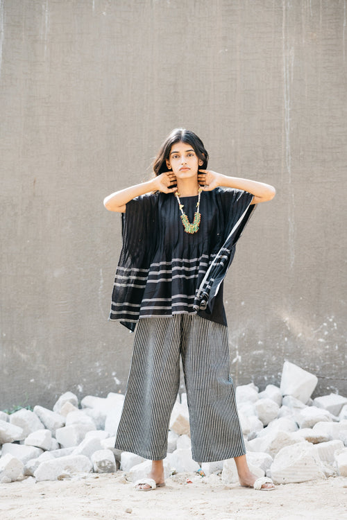 Black Striped Casual Wear Kaftan at Kamakhyaa by Araayeh. This item is Artisan Made, Black, Casual Wear, Cotton Mul, Kaftan Dresses, Relaxed Fit, Solids