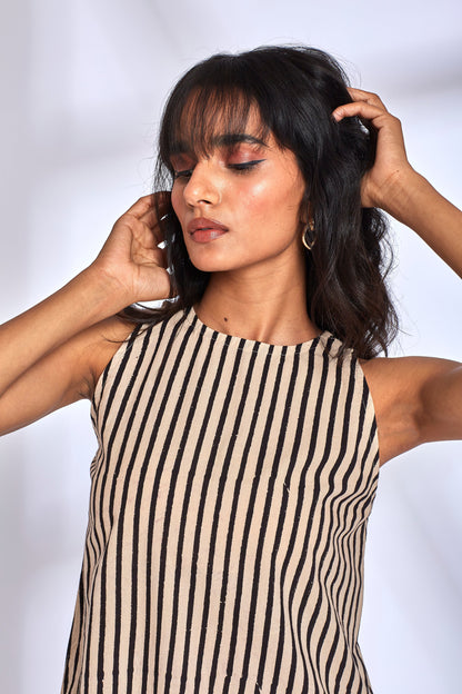 Black Striped Cotton Midi Dress at Kamakhyaa by Hasttvam. This item is CottonStripesFusionWhiteHandmade by artisans, Natural dyes, Relaxed Fit, Respondible production and Vegan