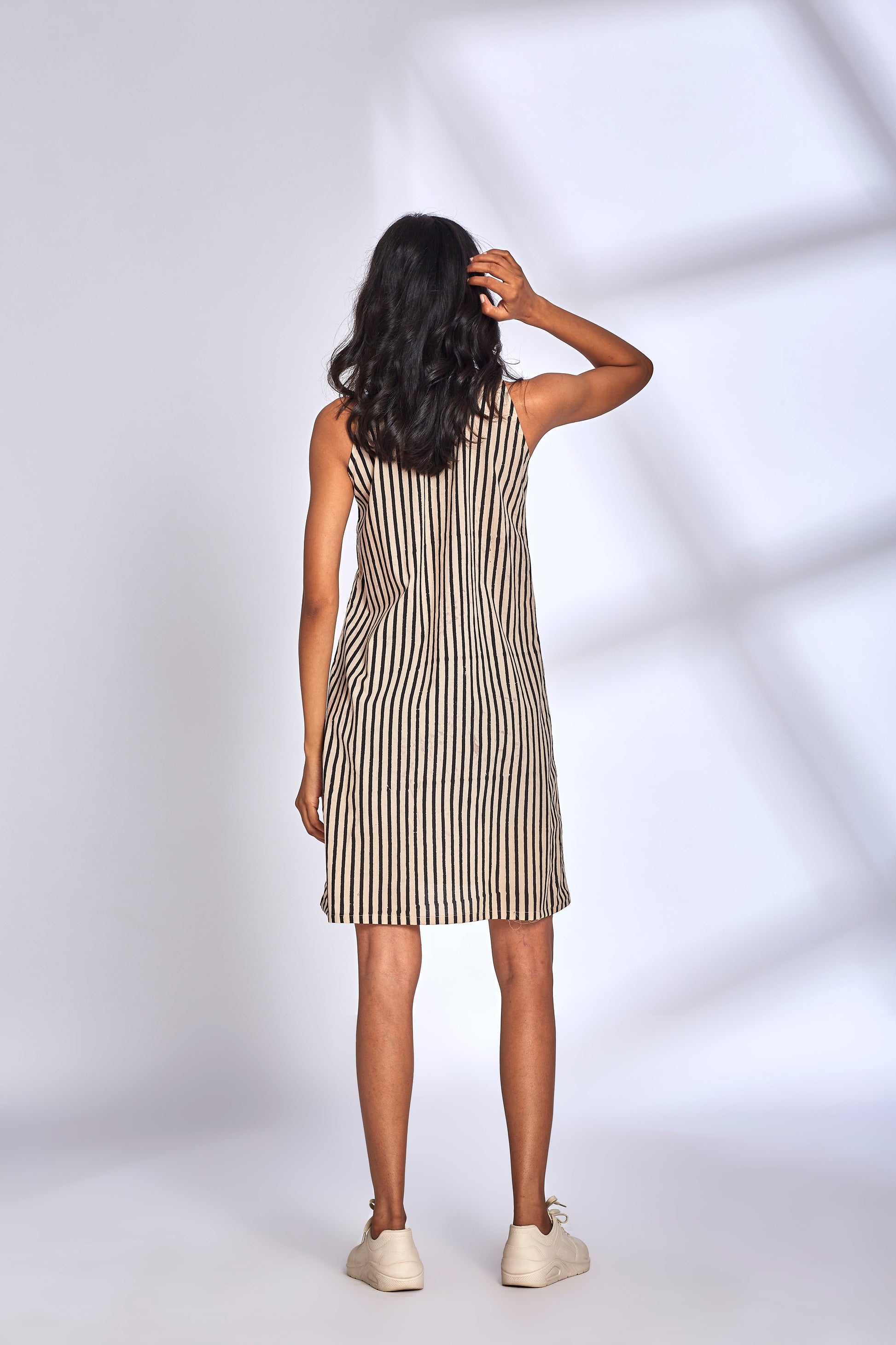 Black Striped Cotton Midi Dress at Kamakhyaa by Hasttvam. This item is CottonStripesFusionWhiteHandmade by artisans, Natural dyes, Relaxed Fit, Respondible production and Vegan