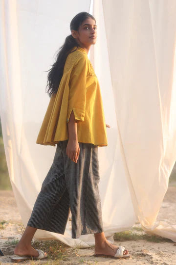 Black Striped Pants at Kamakhyaa by Araayeh. This item is Artisan Made, Black, Casual Wear, Handwoven Cotton, Pants, Relaxed Fit, Stripes