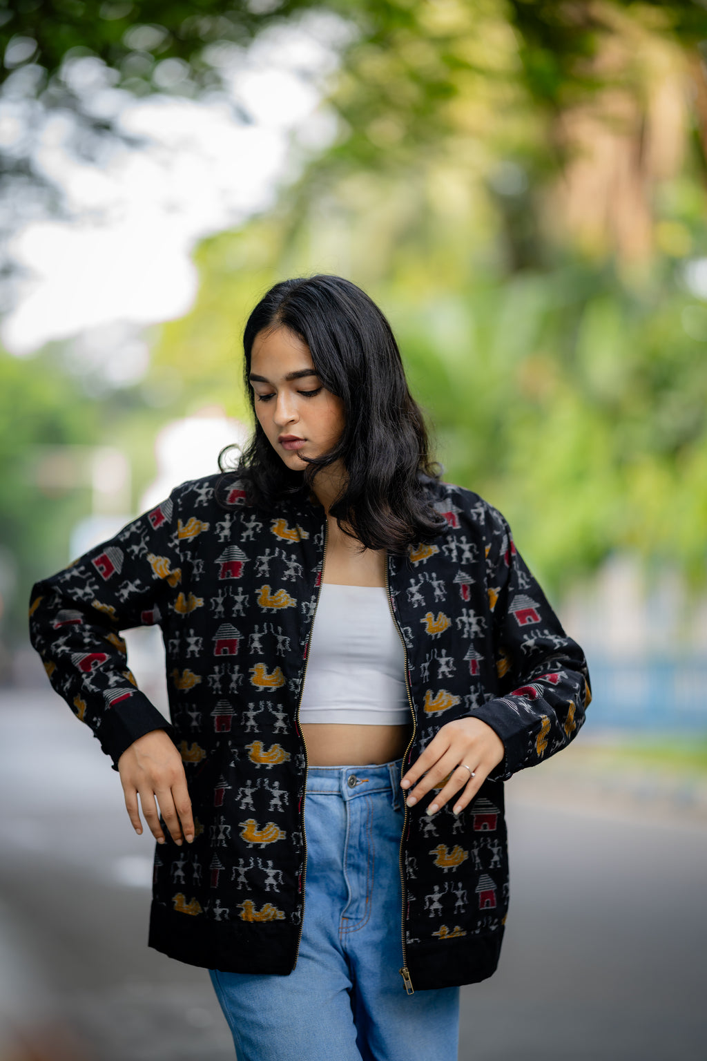 Black Tribal Motifs Cotton Bomber Jacket at Kamakhyaa by Krushnachuda. This item is Black, Handloom Cotton, Ikat Print, Jackets, Natural Dye, Organic, Outer Wear, Regular Fit