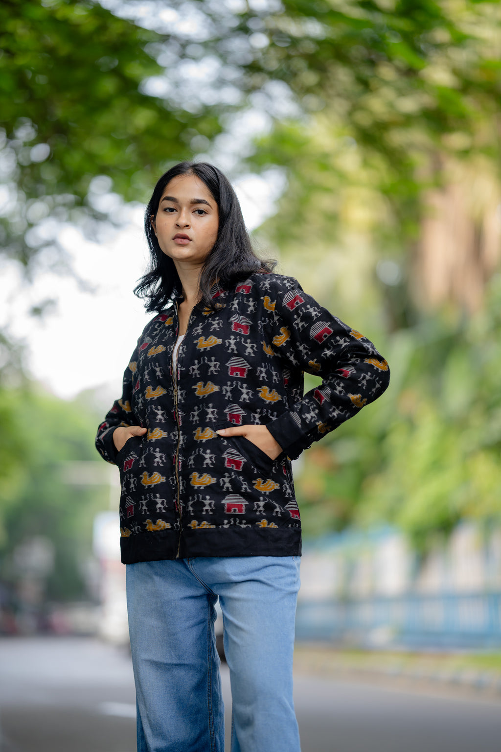 Black Tribal Motifs Cotton Bomber Jacket at Kamakhyaa by Krushnachuda. This item is Black, Handloom Cotton, Ikat Print, Jackets, Natural Dye, Organic, Outer Wear, Regular Fit
