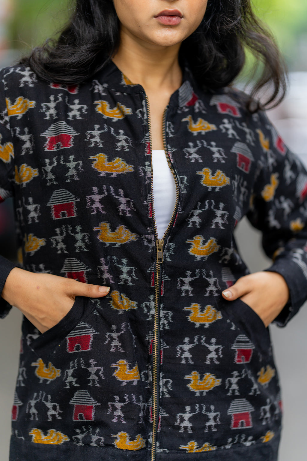 Black Tribal Motifs Cotton Bomber Jacket at Kamakhyaa by Krushnachuda. This item is Black, Handloom Cotton, Ikat Print, Jackets, Natural Dye, Organic, Outer Wear, Regular Fit