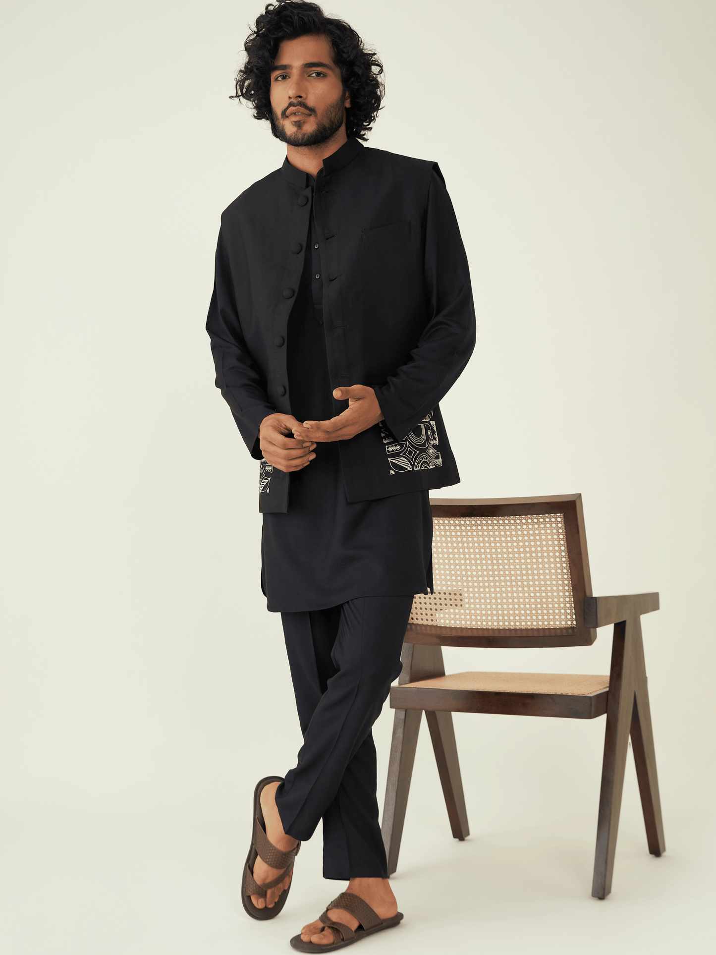 Black Viscose Silk Jacket at Kamakhyaa by RoohbyRidhimaa. This item is Black, Festive Wear, Jackets, Men Jackets, Menswear By RoohbyRidhimaa, Qala By RoohbyRidhimaa, Regular Fit, Resham Embroidered, Viscose Raw Silk