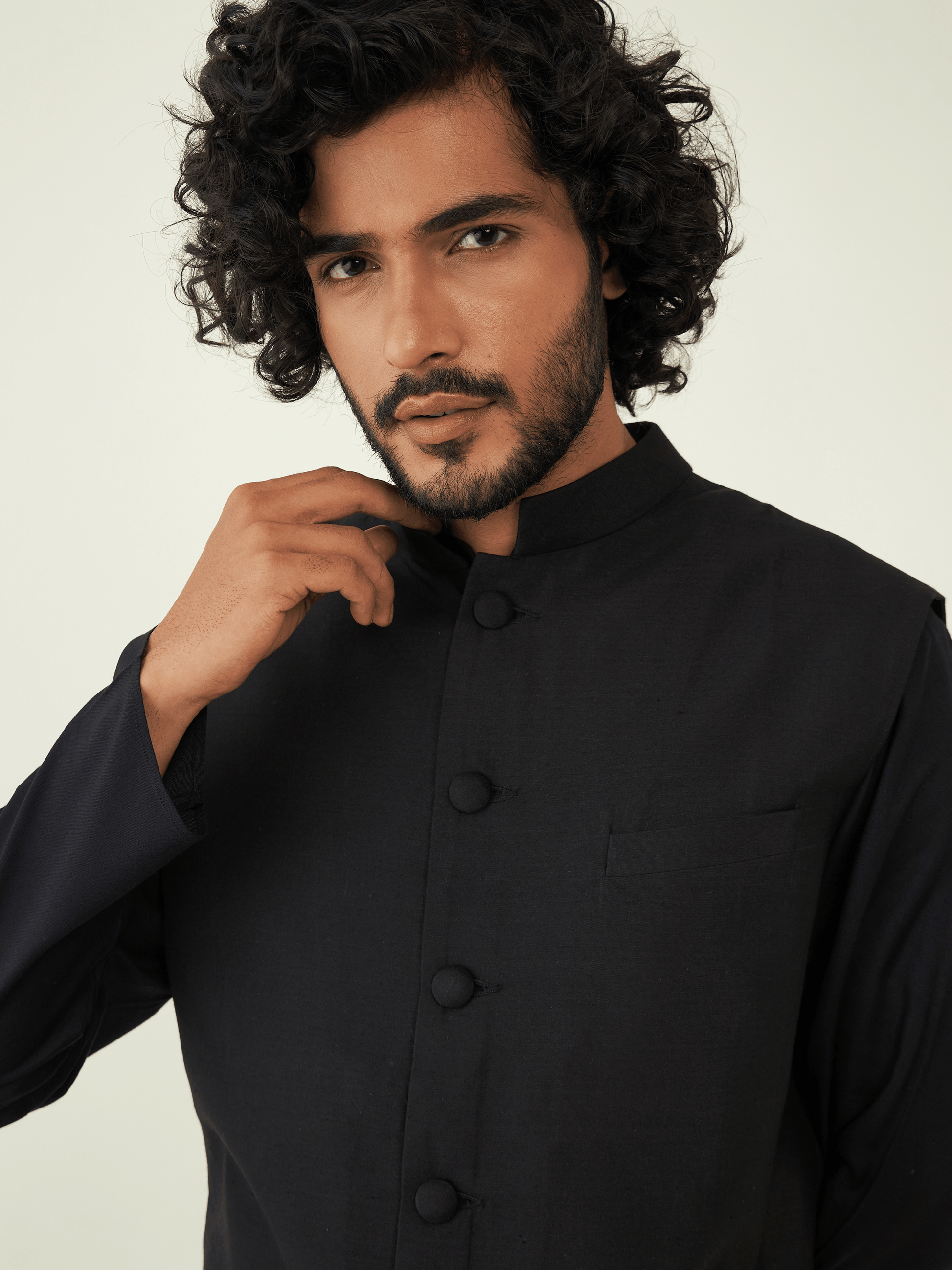 Black Viscose Silk Jacket at Kamakhyaa by RoohbyRidhimaa. This item is Black, Festive Wear, Jackets, Men Jackets, Menswear By RoohbyRidhimaa, Qala By RoohbyRidhimaa, Regular Fit, Resham Embroidered, Viscose Raw Silk