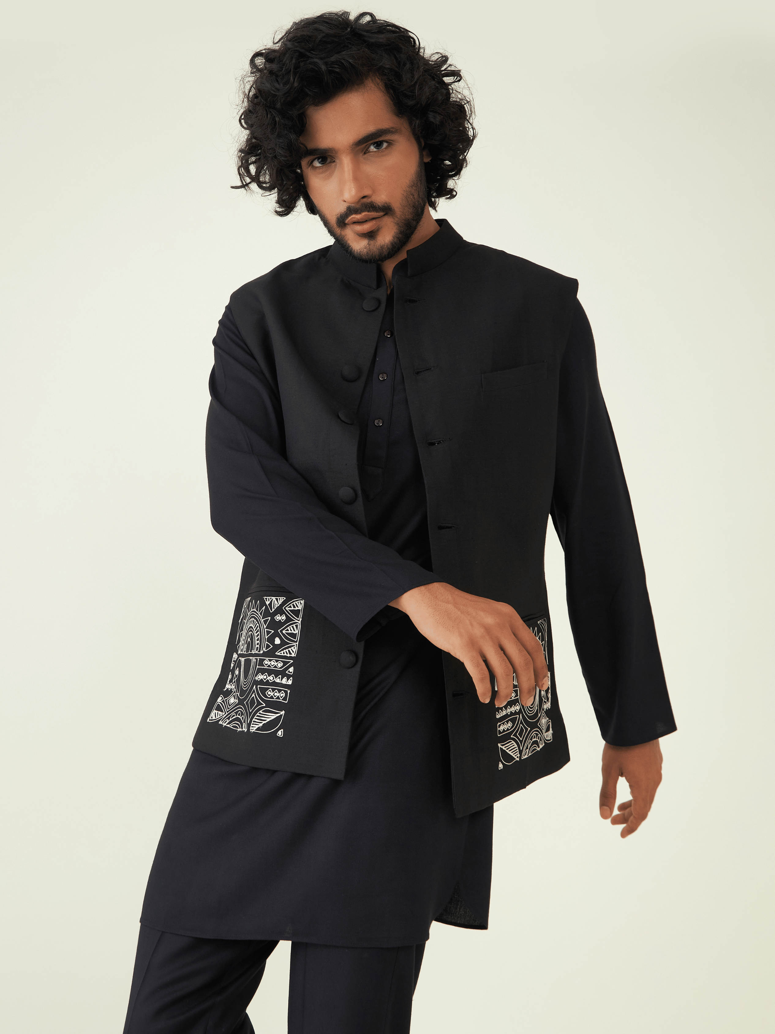Black Viscose Silk Jacket at Kamakhyaa by RoohbyRidhimaa. This item is Black, Festive Wear, Jackets, Men Jackets, Menswear By RoohbyRidhimaa, Qala By RoohbyRidhimaa, Regular Fit, Resham Embroidered, Viscose Raw Silk