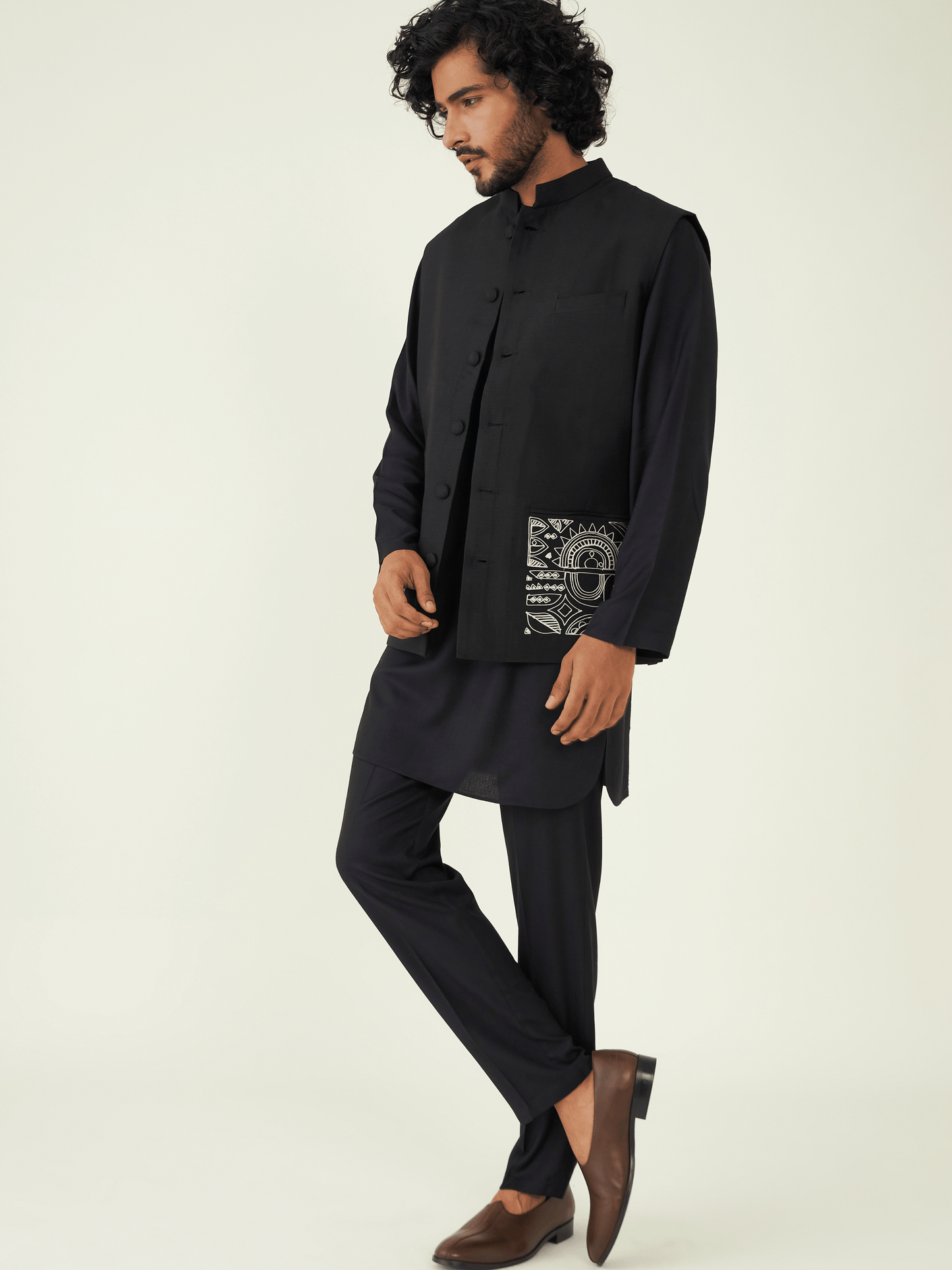 Black Viscose Silk Jacket at Kamakhyaa by RoohbyRidhimaa. This item is Black, Festive Wear, Jackets, Men Jackets, Menswear By RoohbyRidhimaa, Qala By RoohbyRidhimaa, Regular Fit, Resham Embroidered, Viscose Raw Silk