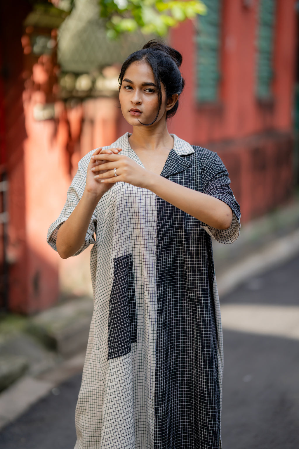 Black & White Checks Relaxed Fit Midi Dress at Kamakhyaa by Krushnachuda. This item is Checks, Handloom Cotton, Midi Dresses, Multicolor, Natural Dye, Organic, Relaxed Fit, Resort Wear