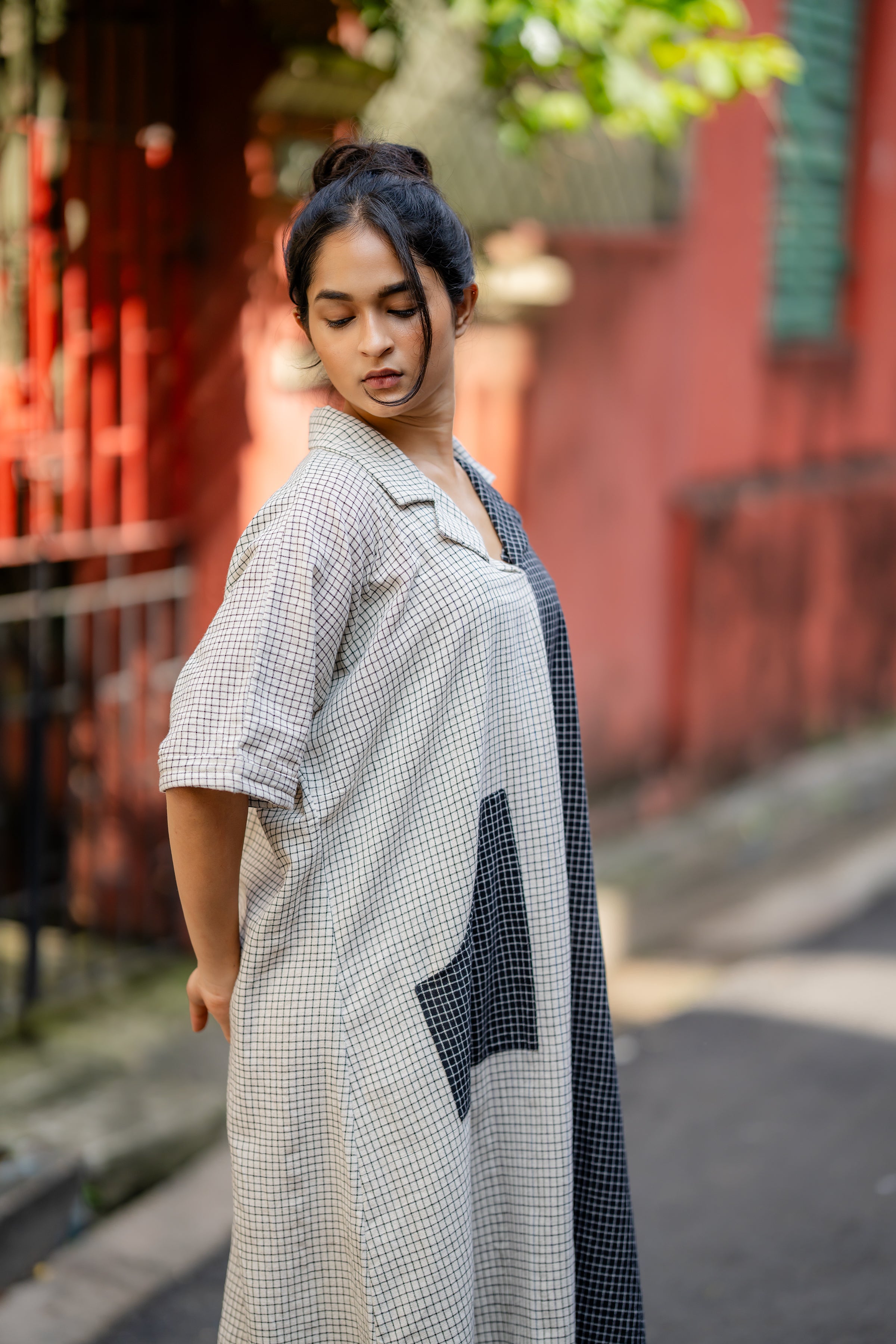 Black & White Checks Relaxed Fit Midi Dress at Kamakhyaa by Krushnachuda. This item is Checks, Handloom Cotton, Midi Dresses, Multicolor, Natural Dye, Organic, Relaxed Fit, Resort Wear