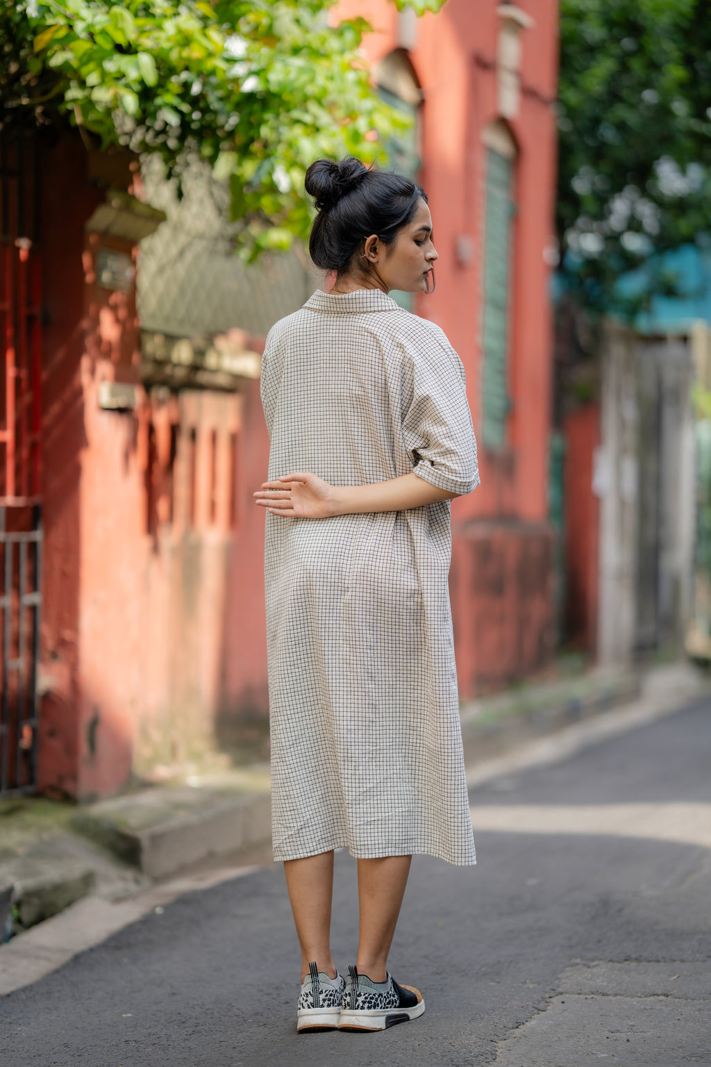 Black & White Checks Relaxed Fit Midi Dress at Kamakhyaa by Krushnachuda. This item is Checks, Handloom Cotton, Midi Dresses, Multicolor, Natural Dye, Organic, Relaxed Fit, Resort Wear