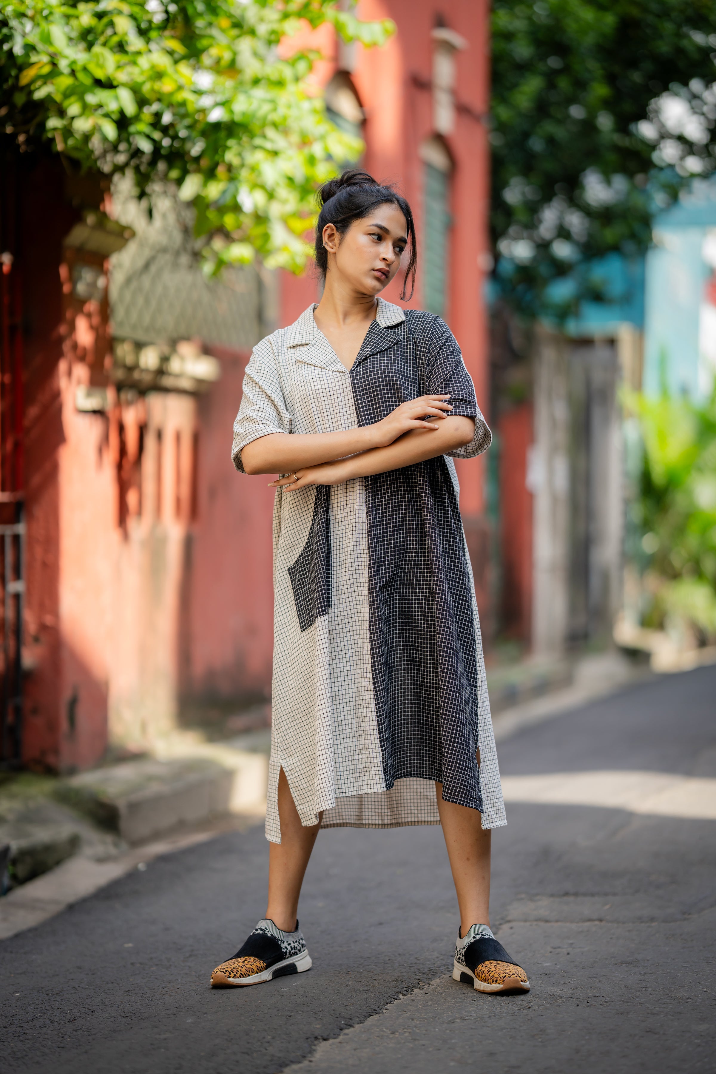 Black & White Checks Relaxed Fit Midi Dress at Kamakhyaa by Krushnachuda. This item is Checks, Handloom Cotton, Midi Dresses, Multicolor, Natural Dye, Organic, Relaxed Fit, Resort Wear