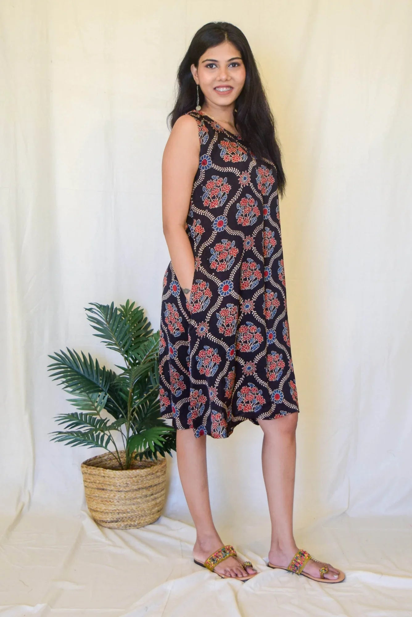 Block Print Midi Dress at Kamakhyaa by Hasttvam. This item is Black, Casual Wear, Cotton, Floral, Natural dyes, Relaxed Fit, Respondible production and Vegan