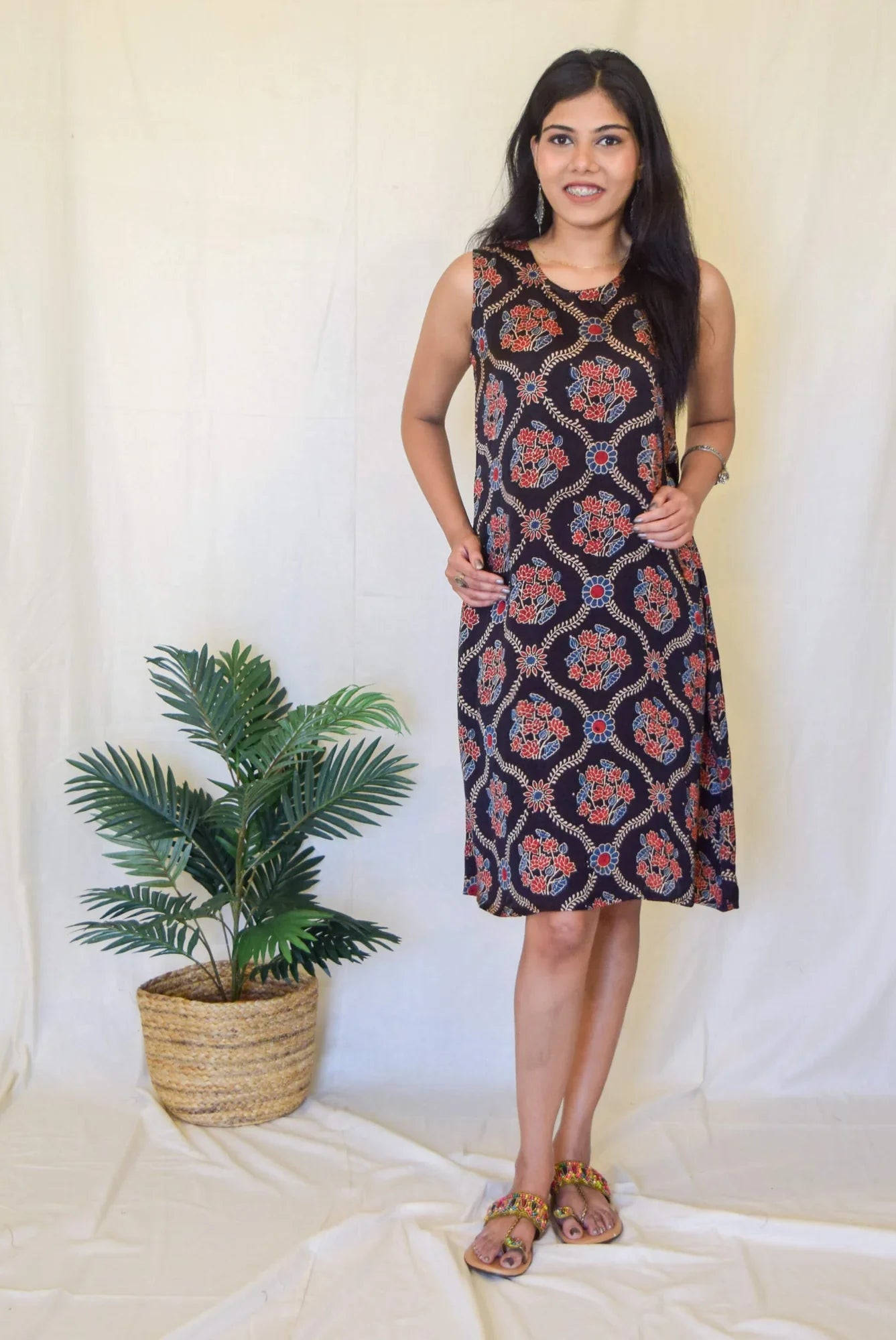 Block Print Midi Dress at Kamakhyaa by Hasttvam. This item is Black, Casual Wear, Cotton, Floral, Natural dyes, Relaxed Fit, Respondible production and Vegan