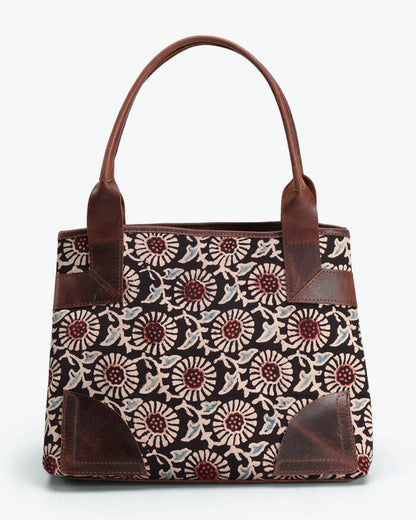 Block Prints Hand Bag at Kamakhyaa by The Indian Trunk. This item is Artisan Made, Block Prints, Brown, Casual Wear, Free Size, Hand Bags, leather, Modal SIlk