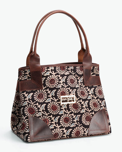 Block Prints Hand Bag at Kamakhyaa by The Indian Trunk. This item is Artisan Made, Block Prints, Brown, Casual Wear, Free Size, Hand Bags, leather, Modal SIlk