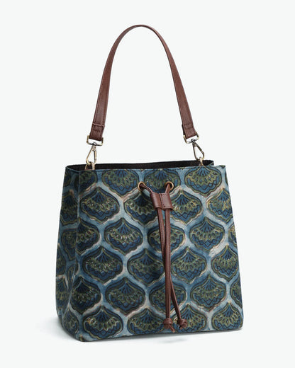 Block Prints Hand Bag at Kamakhyaa by The Indian Trunk. This item is Artisan Made, Block Prints, Blue, Casual Wear, Free Size, Hand Bags, leather, Modal SIlk