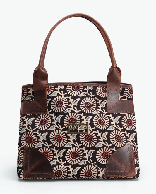 Block Prints Hand Bag at Kamakhyaa by The Indian Trunk. This item is Artisan Made, Block Prints, Brown, Casual Wear, Free Size, Hand Bags, leather, Modal SIlk