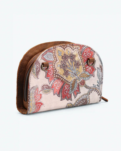 Block Prints Moon Sling Bag at Kamakhyaa by The Indian Trunk. This item is Artisan Made, Block Prints, Casual Wear, Free Size, leather, Modal Satin, Multicolor, Sling Bags