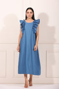 Blooming Blue Midi Dress at Kamakhyaa by MOH-The Eternal Dhaga. This item is Azo Free Dyes, Blue, Casual Wear, Dresses, Midi Dresses, Moh-The eternal Dhaga, Natural, Poplin, Solids, Womenswear
