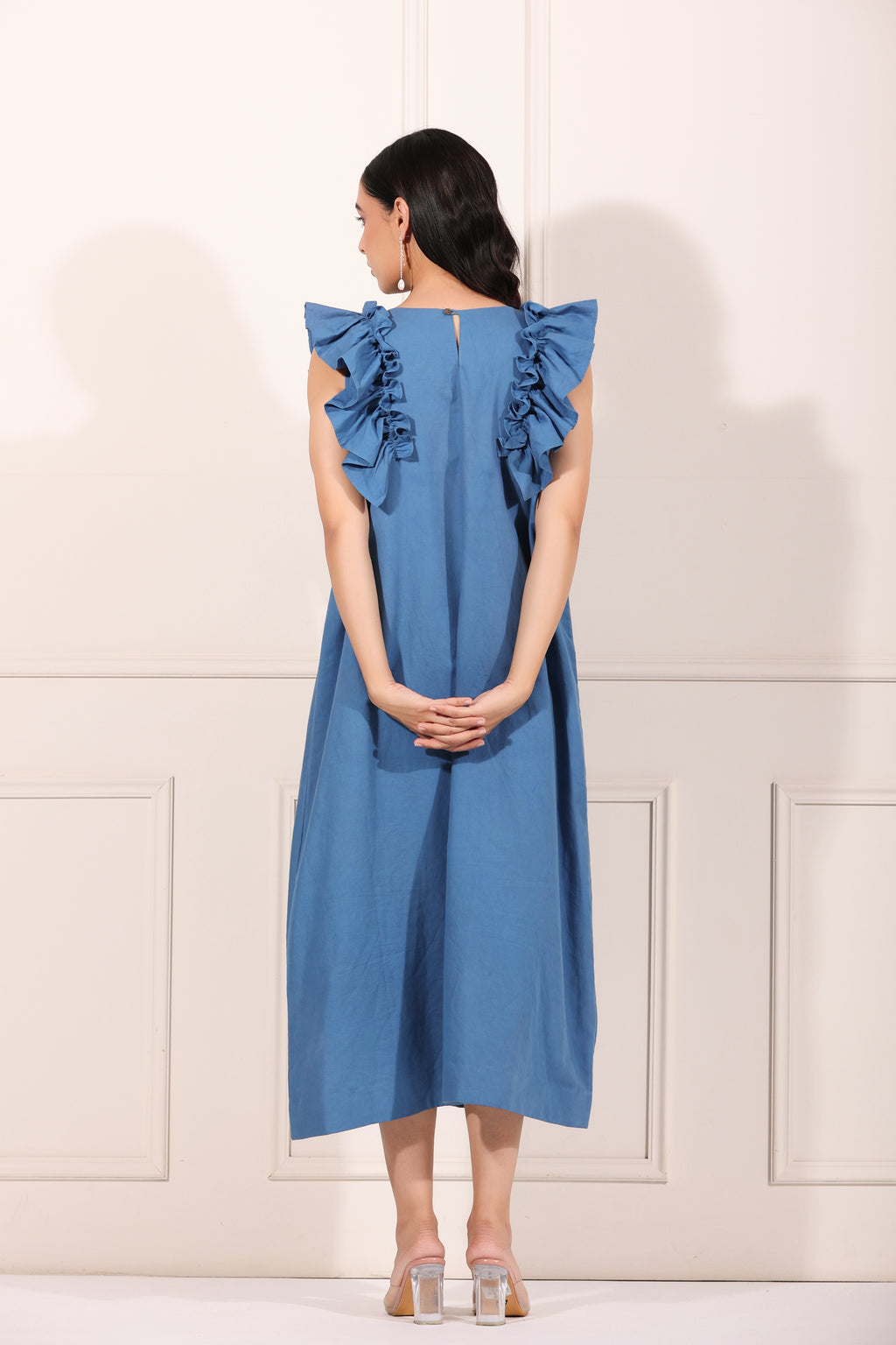 Blooming Blue Midi Dress at Kamakhyaa by MOH-The Eternal Dhaga. This item is Azo Free Dyes, Blue, Casual Wear, Dresses, Midi Dresses, Moh-The eternal Dhaga, Natural, Poplin, Solids, Womenswear