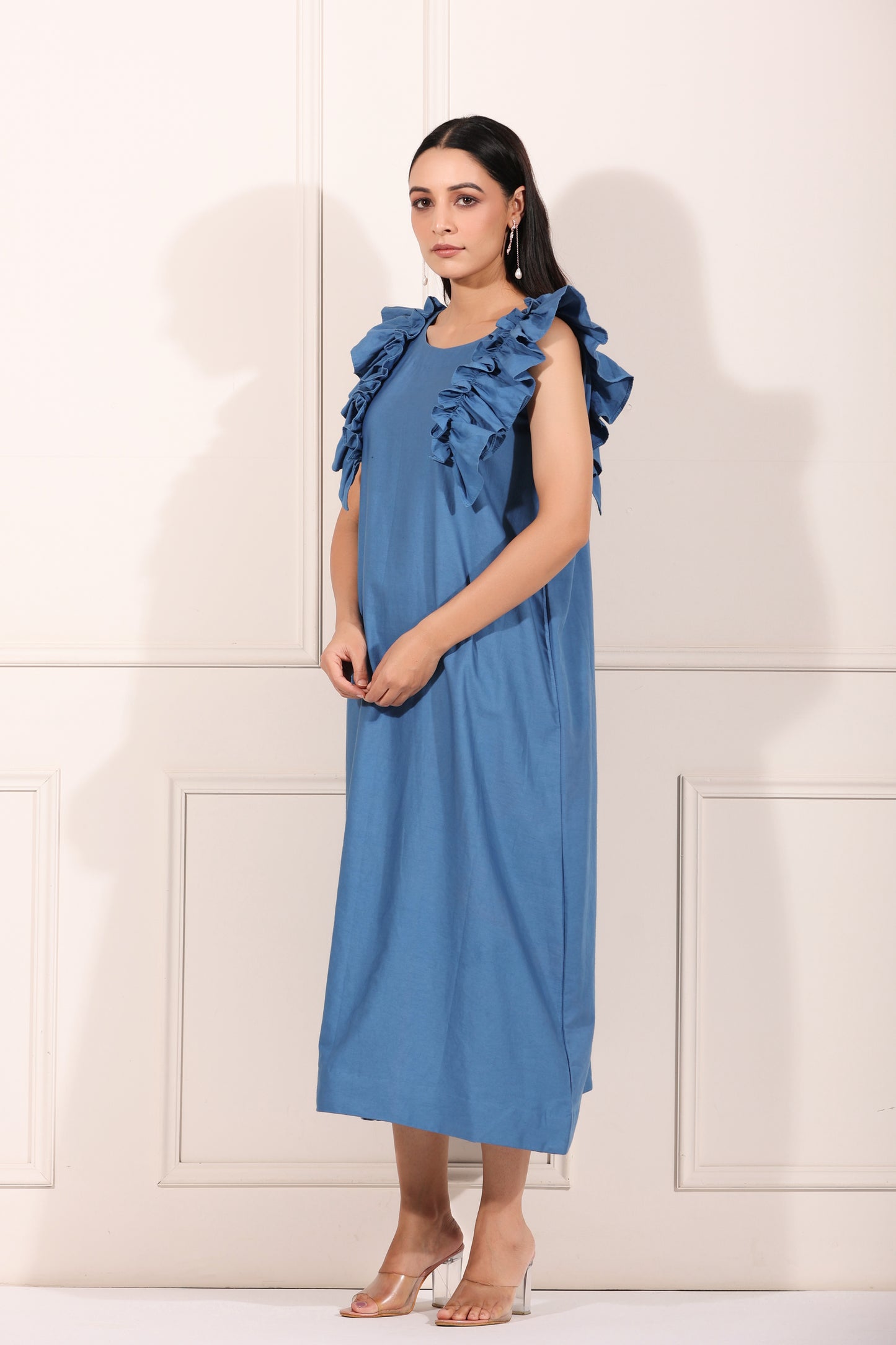 Blooming Blue Midi Dress at Kamakhyaa by MOH-The Eternal Dhaga. This item is Azo Free Dyes, Blue, Casual Wear, Dresses, Midi Dresses, Moh-The eternal Dhaga, Natural, Poplin, Solids, Womenswear