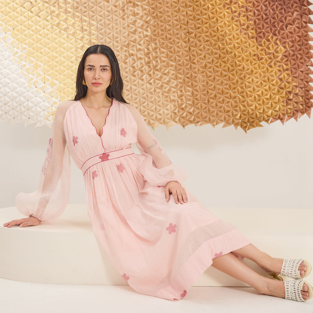 Blossom Blush at Kamakhyaa by The Loom Art. This item is A line Dresses, Artisan made, Eco friendly, Fluer De Code by The Loom Art, Hand Embroidered, Handwoven, Handwoven Cotton Silk, Pink