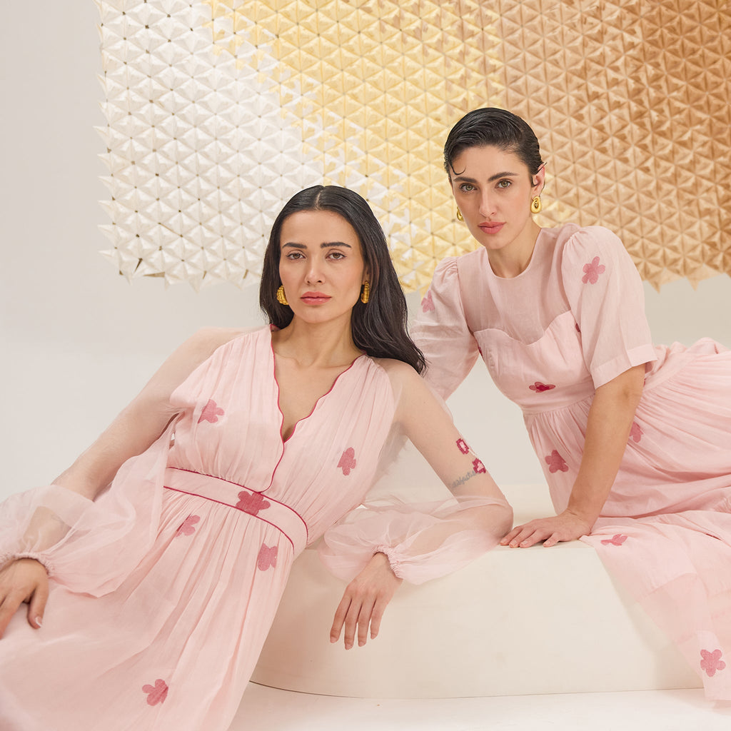 Blossom Blush at Kamakhyaa by The Loom Art. This item is A line Dresses, Artisan made, Eco friendly, Fluer De Code by The Loom Art, Hand Embroidered, Handwoven, Handwoven Cotton Silk, Pink