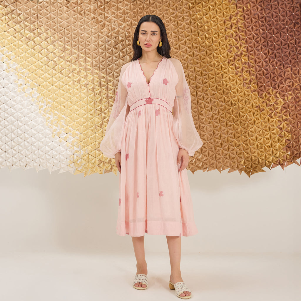 Blossom Blush at Kamakhyaa by The Loom Art. This item is A line Dresses, Artisan made, Eco friendly, Fluer De Code by The Loom Art, Hand Embroidered, Handwoven, Handwoven Cotton Silk, Pink
