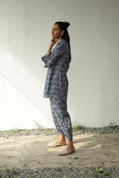 Blue And White Block Printed Cotton Co-Ord Set at Kamakhyaa by Canoopi. This item is Blue, Canoopi, Casual Wear, Complete Sets, Cotton, Loungewear Co-Ords, Natural, Prints, Regular Fit, White, Womenswear
