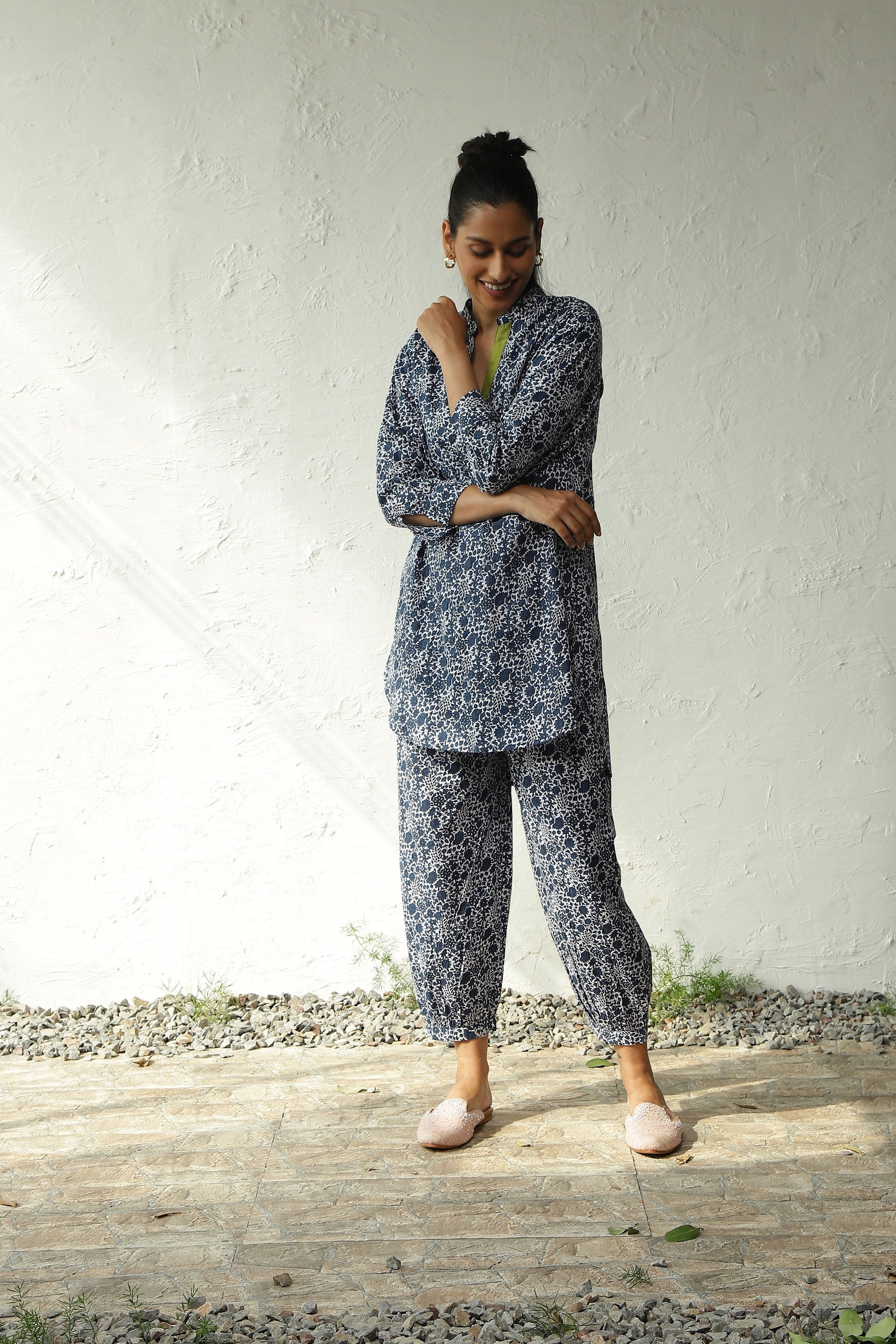 Blue And White Block Printed Cotton Co-Ord Set at Kamakhyaa by Canoopi. This item is Blue, Canoopi, Casual Wear, Complete Sets, Cotton, Loungewear Co-Ords, Natural, Prints, Regular Fit, White, Womenswear