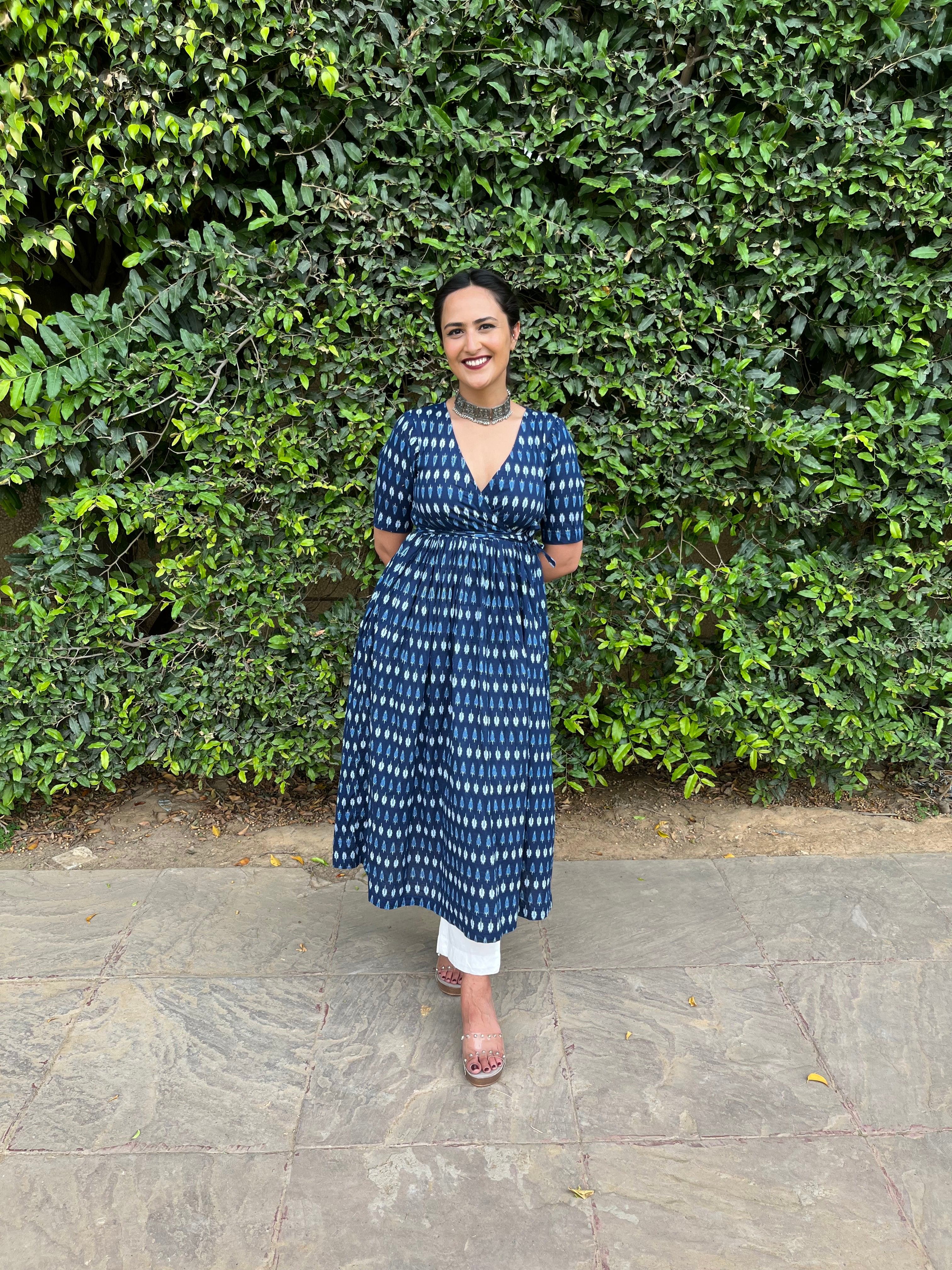 Blue Angrakha With Solid White Pants at Kamakhyaa by Kamakhyaa. This item is 100% pure cotton, Blue, Festive Wear, Indian Wear, KKYSS, Kurta Pant Sets, Natural, Prints, Regular Fit, Summer Sutra, Womenswear