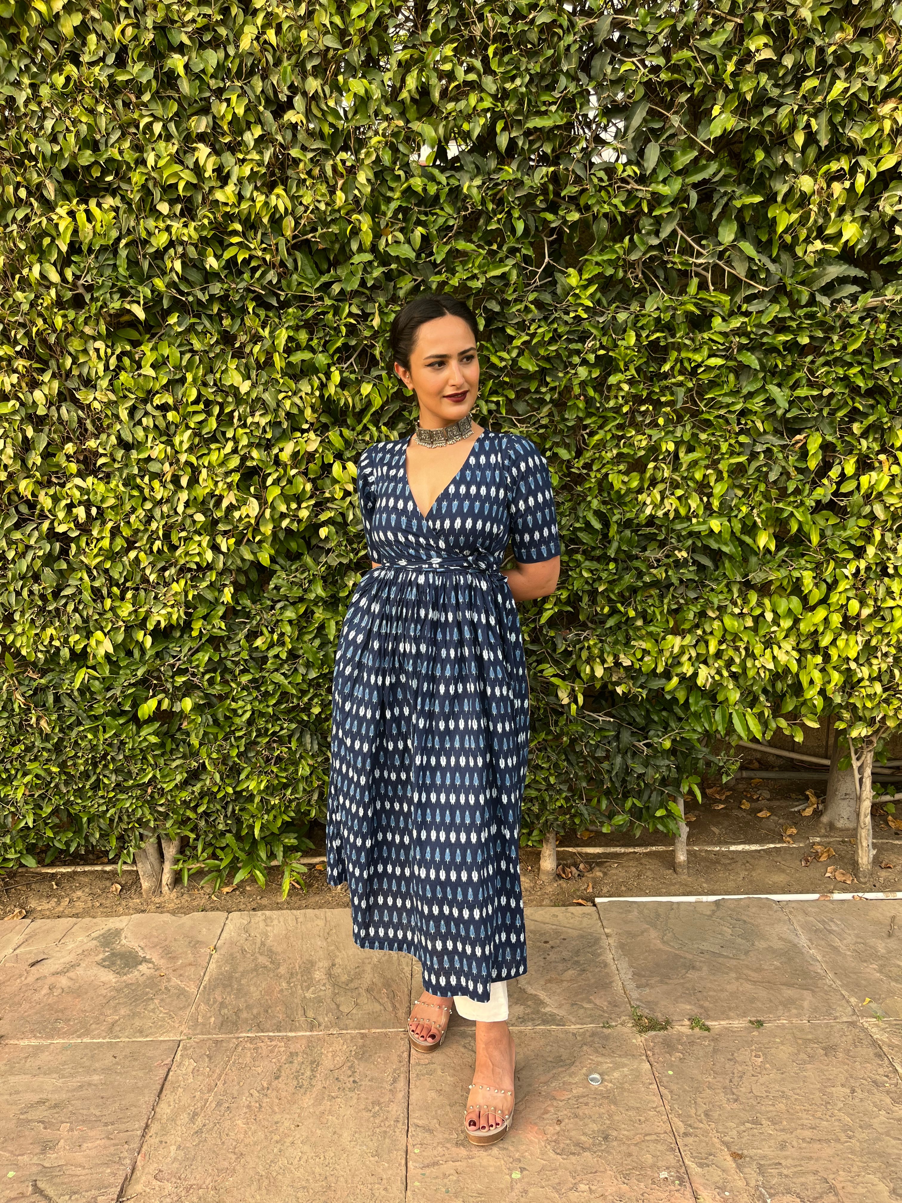 Blue Angrakha With Solid White Pants at Kamakhyaa by Kamakhyaa. This item is 100% pure cotton, Blue, Festive Wear, Indian Wear, KKYSS, Kurta Pant Sets, Natural, Prints, Regular Fit, Summer Sutra, Womenswear