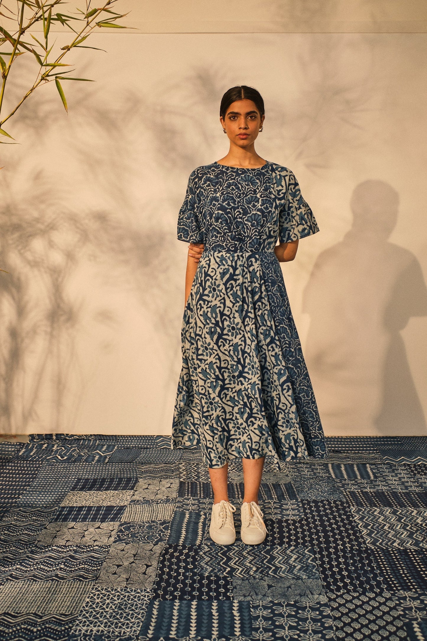 Blue Bagru Prints Midi Dress at Kamakhyaa by Akashii Clothing. This item is 100% Blue Indigo Cotton, Bagru Prints, Blue, Casual Wear, handmade, Midi Dresses, Neeli by Akashi Clothing, Organic, Regular Fit