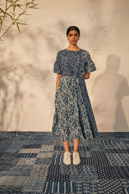 Blue Bagru Prints Midi Dress at Kamakhyaa by Akashii Clothing. This item is 100% Blue Indigo Cotton, Bagru Prints, Blue, Casual Wear, handmade, Midi Dresses, Neeli by Akashi Clothing, Organic, Regular Fit