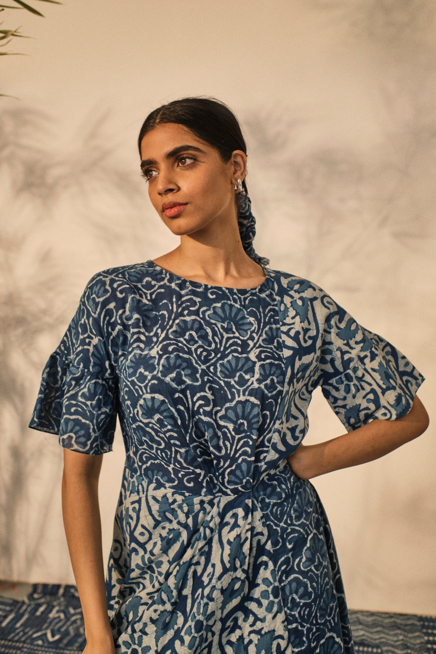 Blue Bagru Prints Midi Dress at Kamakhyaa by Akashii Clothing. This item is 100% Blue Indigo Cotton, Bagru Prints, Blue, Casual Wear, handmade, Midi Dresses, Neeli by Akashi Clothing, Organic, Regular Fit