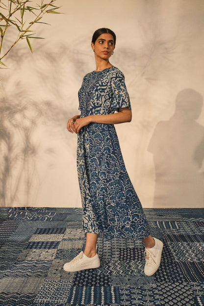 Blue Bagru Prints Midi Dress at Kamakhyaa by Akashii Clothing. This item is 100% Blue Indigo Cotton, Bagru Prints, Blue, Casual Wear, handmade, Midi Dresses, Neeli by Akashi Clothing, Organic, Regular Fit