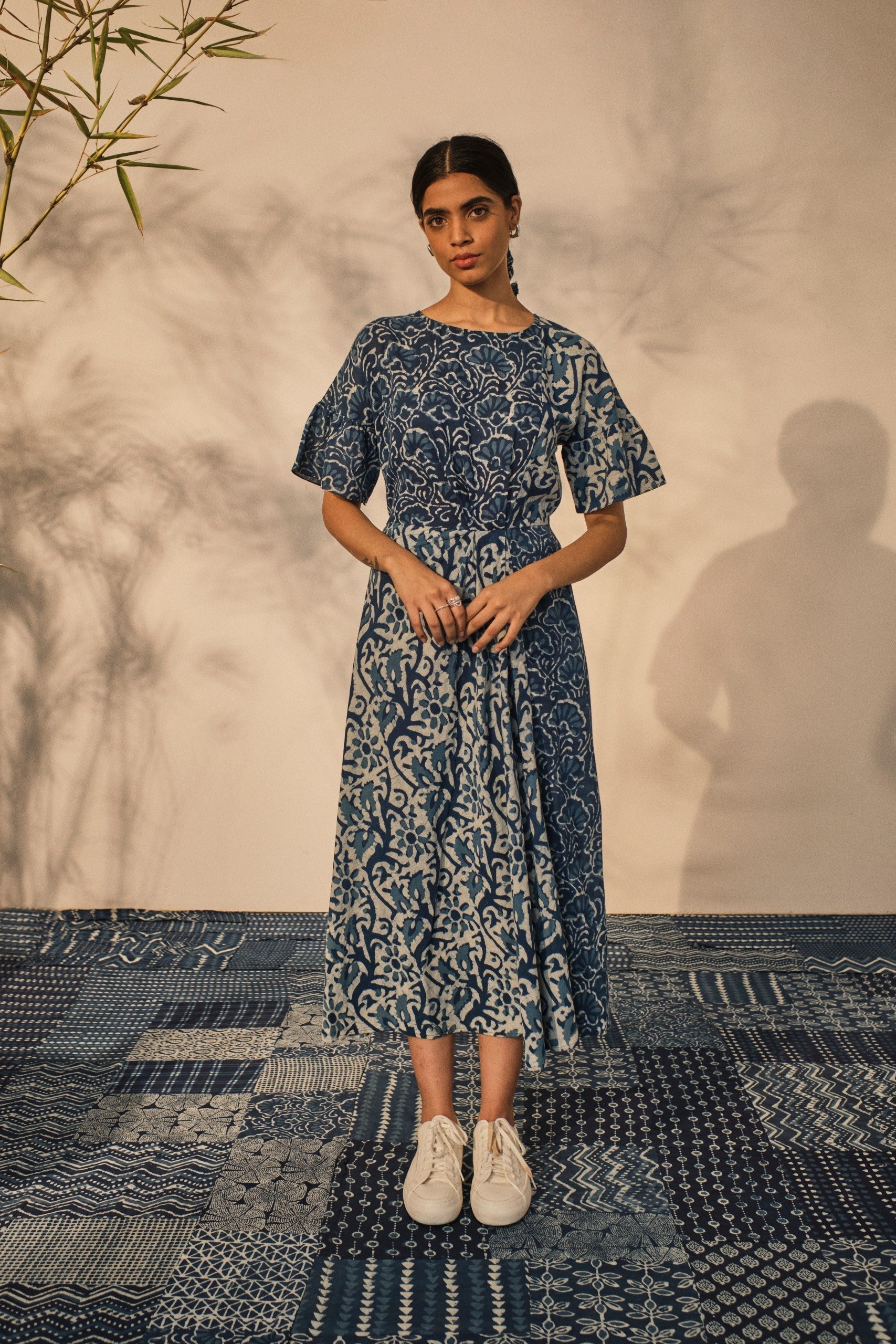 Blue Bagru Prints Midi Dress at Kamakhyaa by Akashii Clothing. This item is 100% Blue Indigo Cotton, Bagru Prints, Blue, Casual Wear, handmade, Midi Dresses, Neeli by Akashi Clothing, Organic, Regular Fit