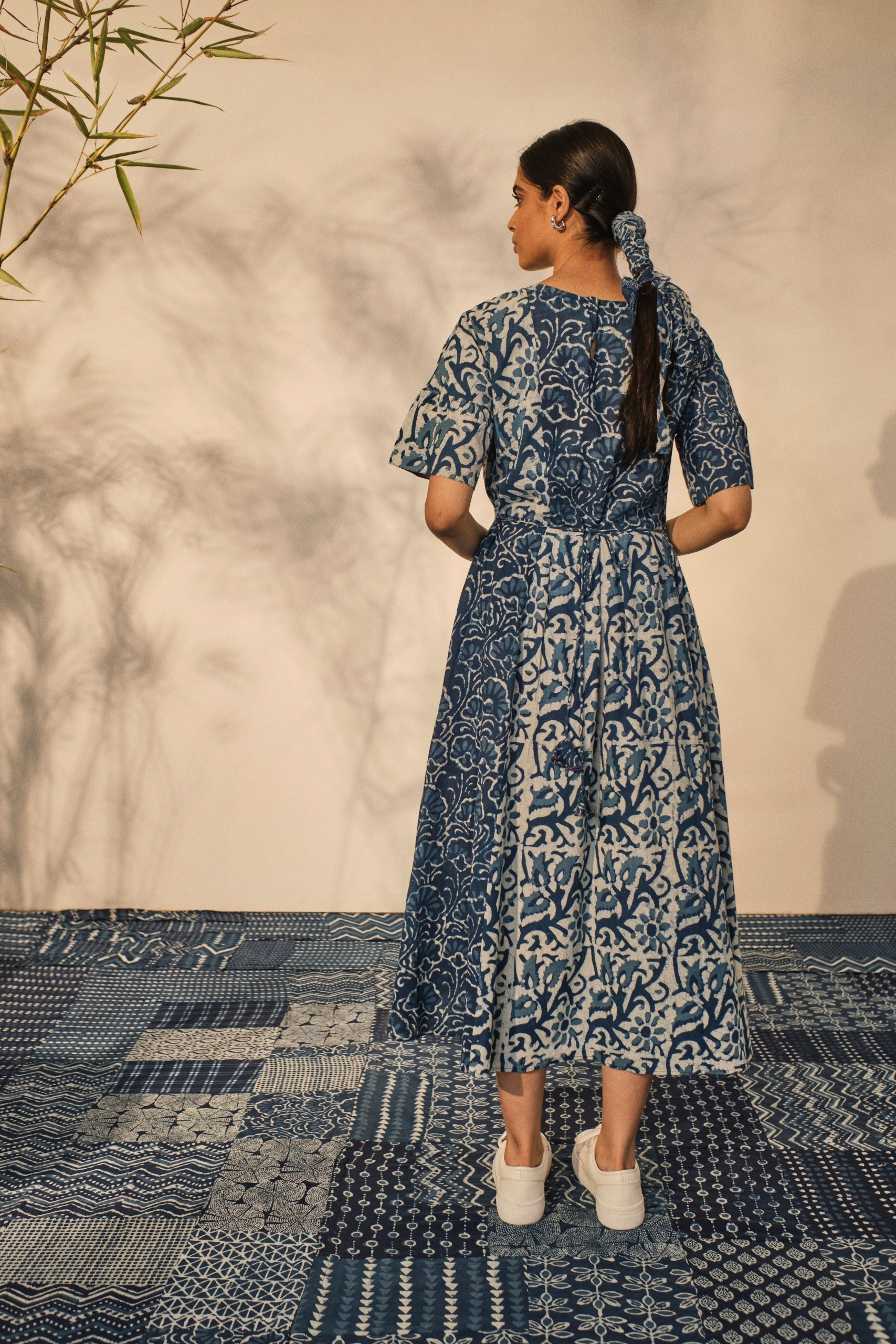 Blue Bagru Prints Midi Dress at Kamakhyaa by Akashii Clothing. This item is 100% Blue Indigo Cotton, Bagru Prints, Blue, Casual Wear, handmade, Midi Dresses, Neeli by Akashi Clothing, Organic, Regular Fit