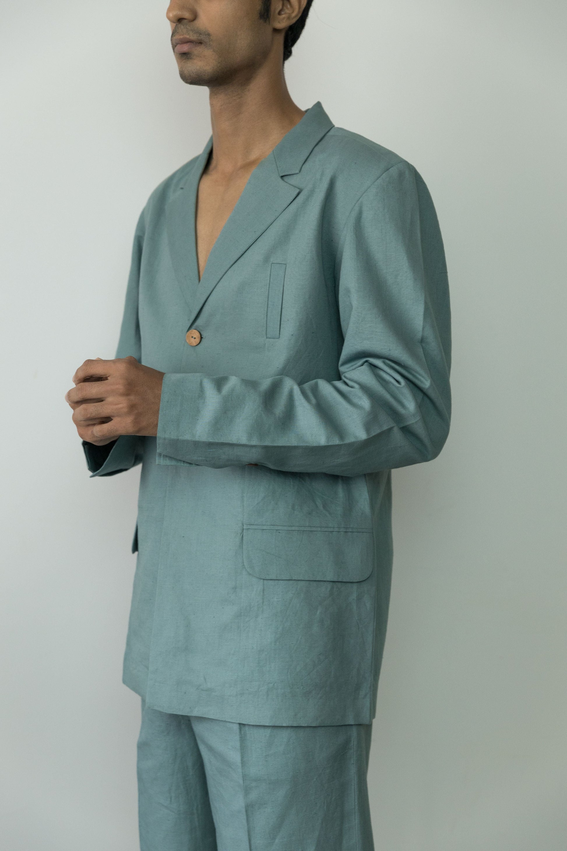 Blue Blazer at Kamakhyaa by Anushé Pirani. This item is Blazers, Blue, Casual Wear, Cotton, Cotton Hemp, Handwoven, Hemp, Menswear, Regular Fit, Shibumi Collection, Solids