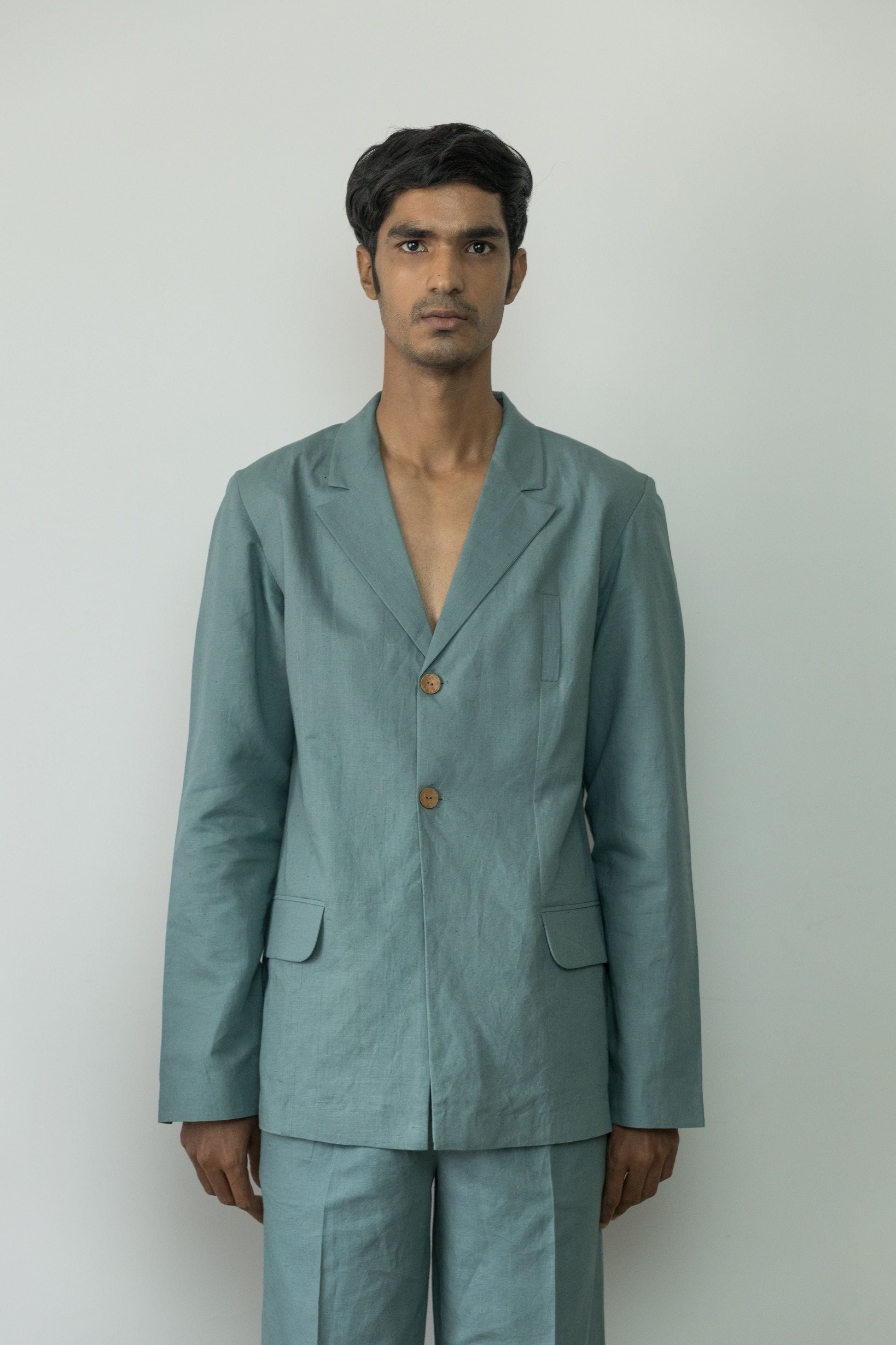 Blue Blazer at Kamakhyaa by Anushé Pirani. This item is Blazers, Blue, Casual Wear, Cotton, Cotton Hemp, Handwoven, Hemp, Menswear, Regular Fit, Shibumi Collection, Solids