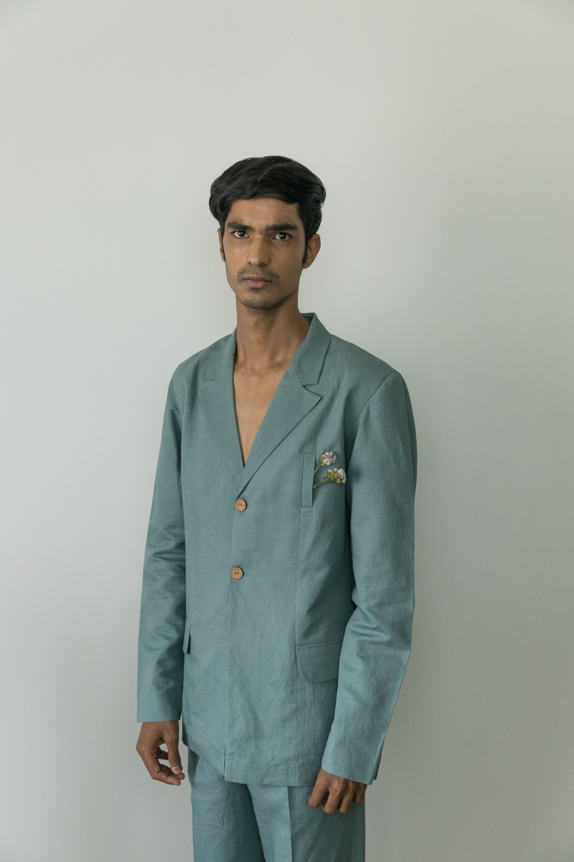 Blue Blazer at Kamakhyaa by Anushé Pirani. This item is Blazers, Blue, Casual Wear, Cotton, Cotton Hemp, Handwoven, Hemp, Menswear, Regular Fit, Shibumi Collection, Solids