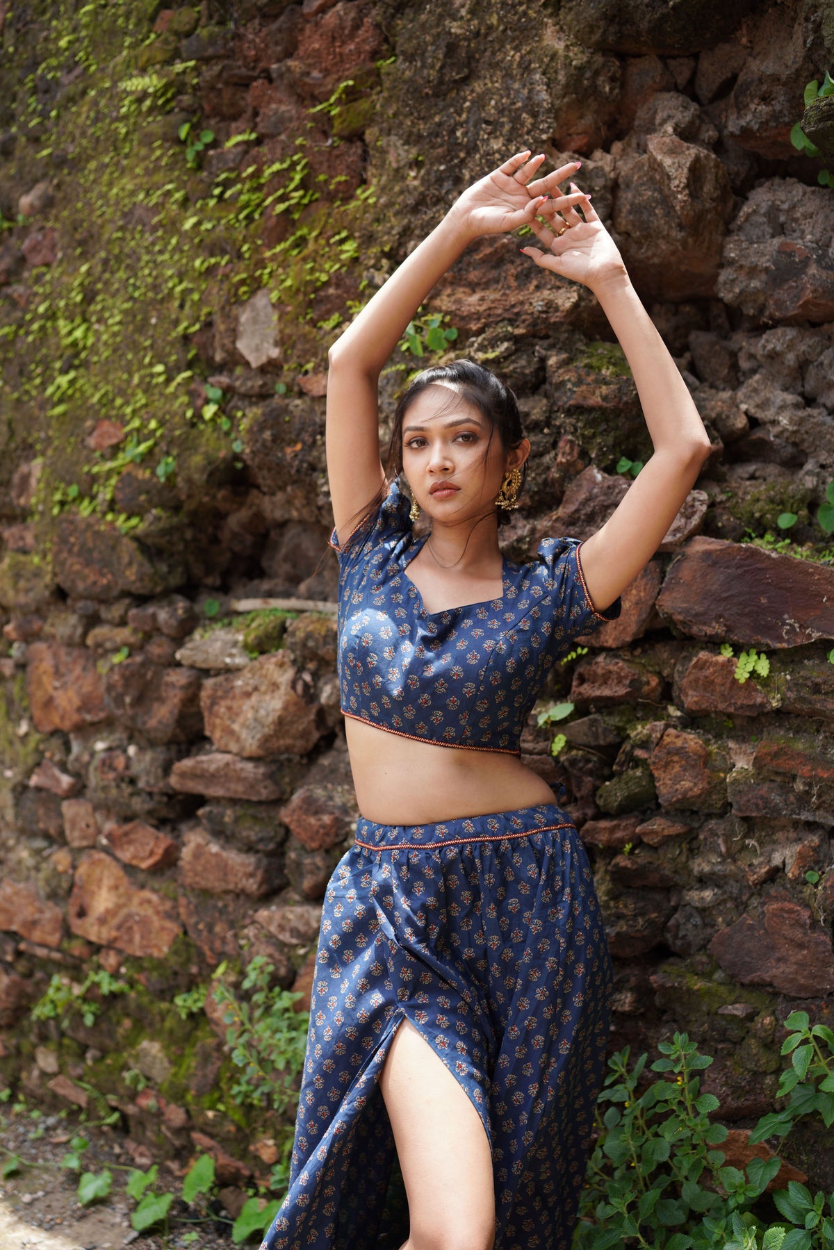 Blue Butta Printed Lehenga with Red Dupatta at kamakhyaa.com by Hasttvam. This item is Blue, Cotton, Festive Wear, Floral, Handmade by Artisans, Natural Dye, Navratri, Navratri Teens, Pinterest 2025, Rang by Hasttvam, Relaxed Fit, Responsible production and Vegan