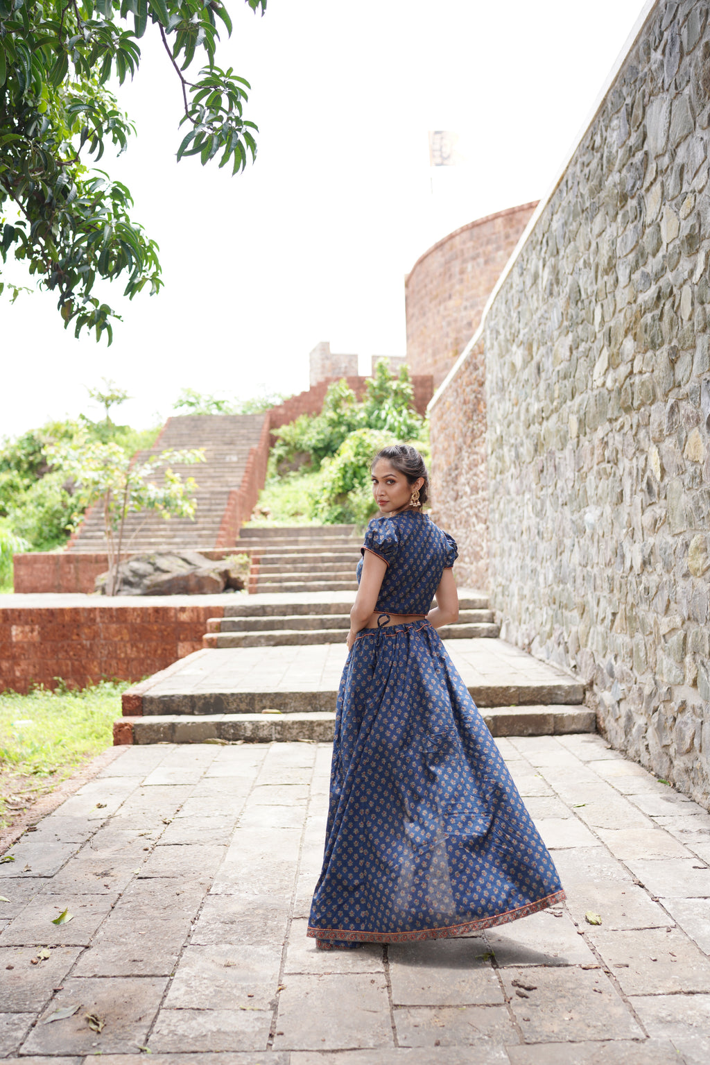Blue Butta Printed Lehenga with Red Dupatta at kamakhyaa.com by Hasttvam. This item is Blue, Cotton, Festive Wear, Floral, Handmade by Artisans, Natural Dye, Navratri, Navratri Teens, Pinterest 2025, Rang by Hasttvam, Relaxed Fit, Responsible production and Vegan