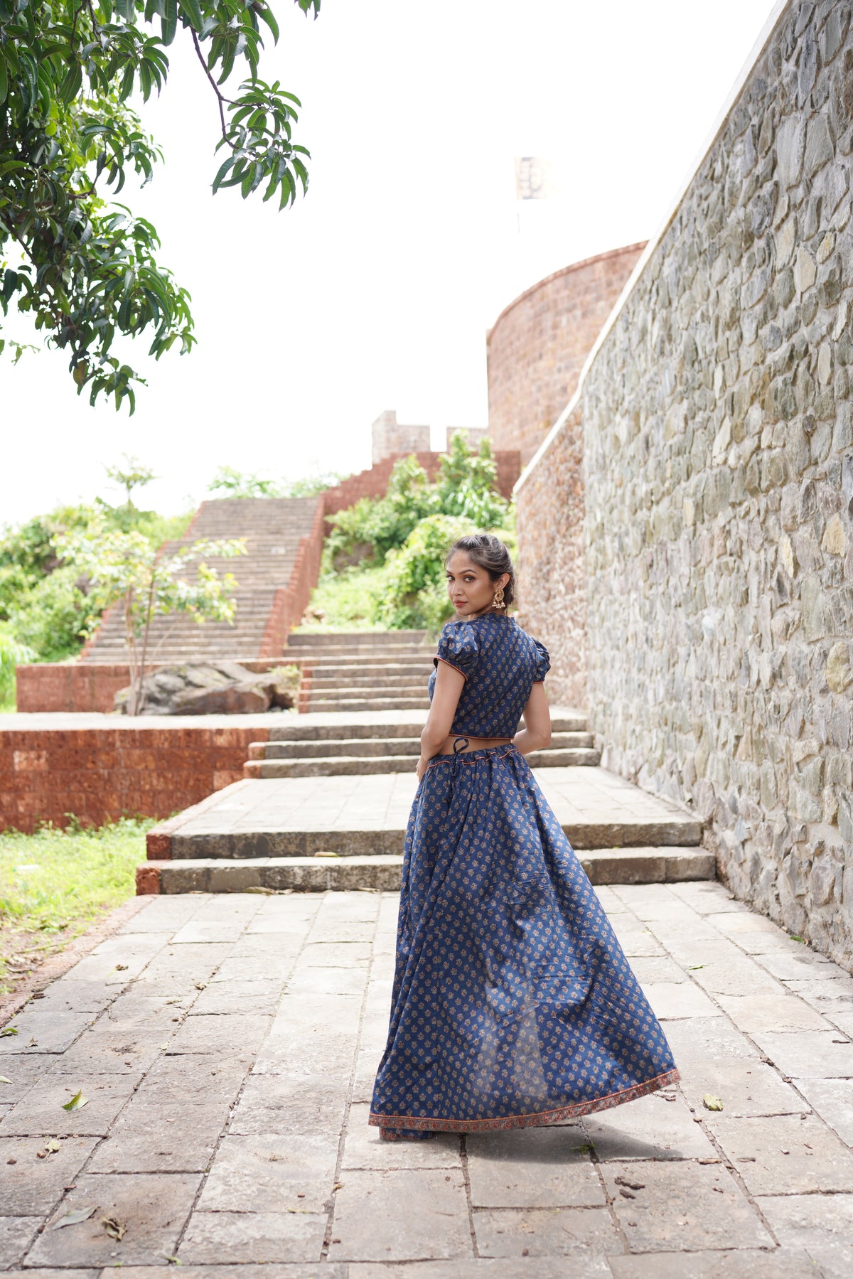 Blue Butta Printed Lehenga with Red Dupatta at kamakhyaa.com by Hasttvam. This item is Blue, Cotton, Festive Wear, Floral, Handmade by Artisans, Natural Dye, Navratri, Navratri Teens, Pinterest 2025, Rang by Hasttvam, Relaxed Fit, Responsible production and Vegan