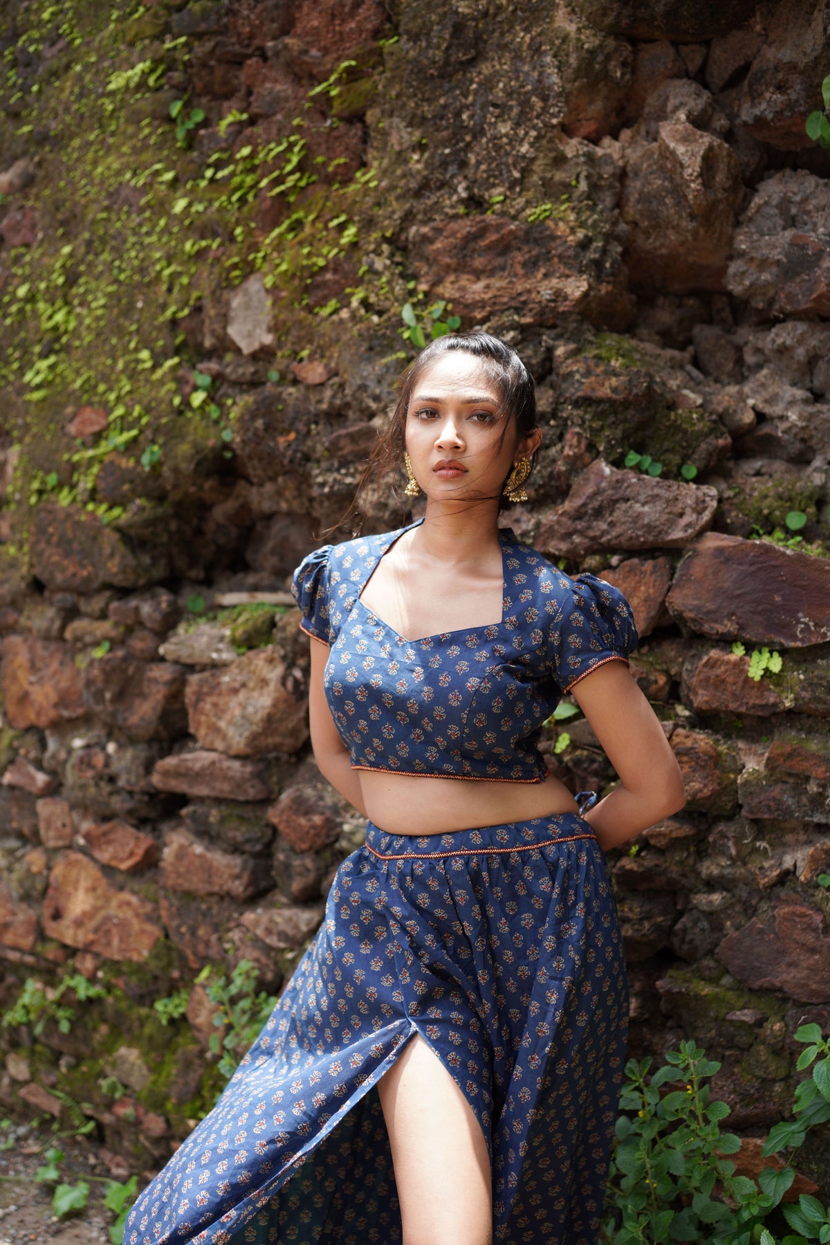 Blue Butta Printed Lehenga with Red Dupatta at kamakhyaa.com by Hasttvam. This item is Blue, Cotton, Festive Wear, Floral, Handmade by Artisans, Natural Dye, Navratri, Navratri Teens, Pinterest 2025, Rang by Hasttvam, Relaxed Fit, Responsible production and Vegan